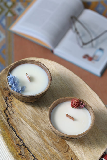 Mango wood platters & candles